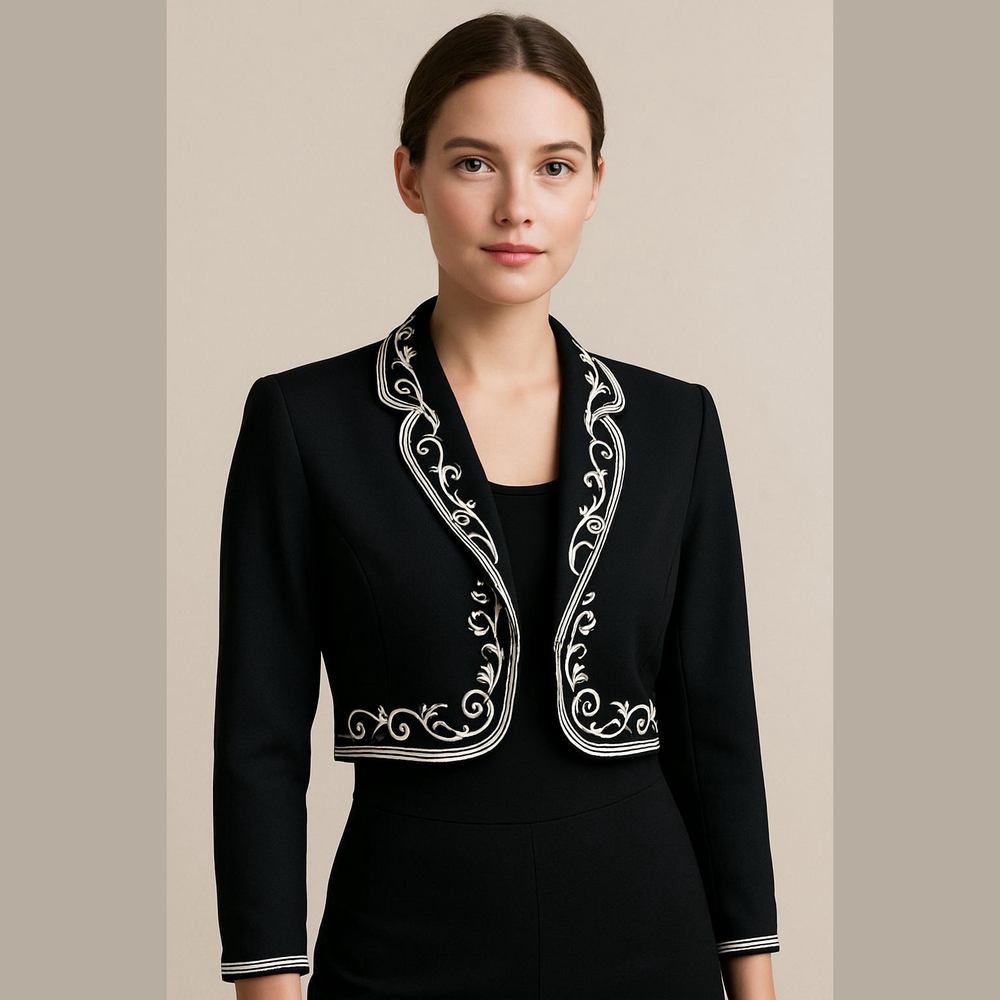Vintage Morton Myles Black & White Embroidered Women's Bolero Jacket